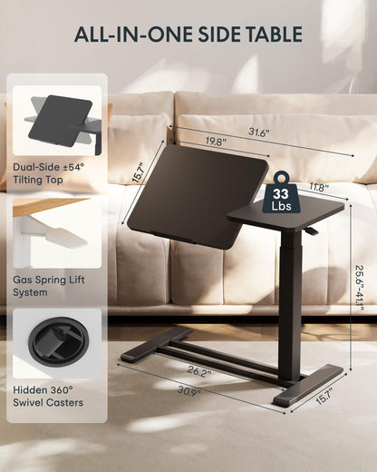FLEXISPOT Adjustable Height C-Shaped End Table with Split Tilting Top – Mobile Side Table for Sofa & Bedside, Slides Under Furniture, Hidden Wheels for Small Spaces(31.6" W x 15.7" D,Black)
