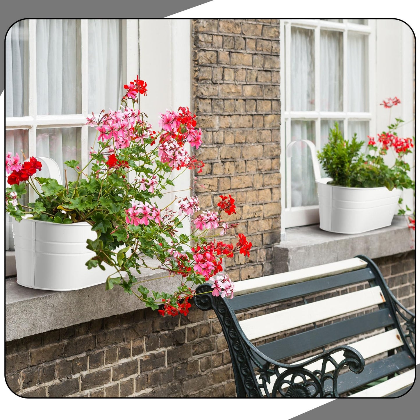 Hicarer 4 Pcs Metal Hanging Flower Pots for Railing Fence, 10.6 Inch Hanging Rail Planters for Outdoor Window Balcony Plants Holder with Hooks for Garden Yard Home Decor (White)