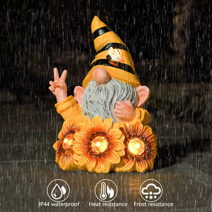 Joint Honglin Solar Garden Gnome Statue with Crystal Sunflower Lights - Outdoor Bee Gnome Figurine with Glowing Bee, Waterproof Resin Yard Art Decor for Patio, Lawn, Porch, Summer Gardening Gift