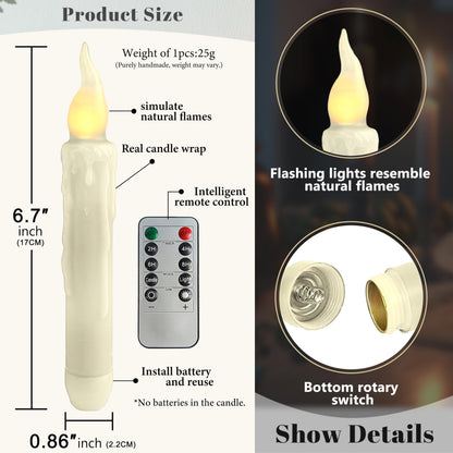 FCMSHAMD Ivory White Flameless Short Taper Candles, Real Wax Hand Dipped LED Battery Operated with Remote, Flickering Flame Lights for Festival Home Décor, 6.7 Inch Primitive Flameless Candles, 4PCS