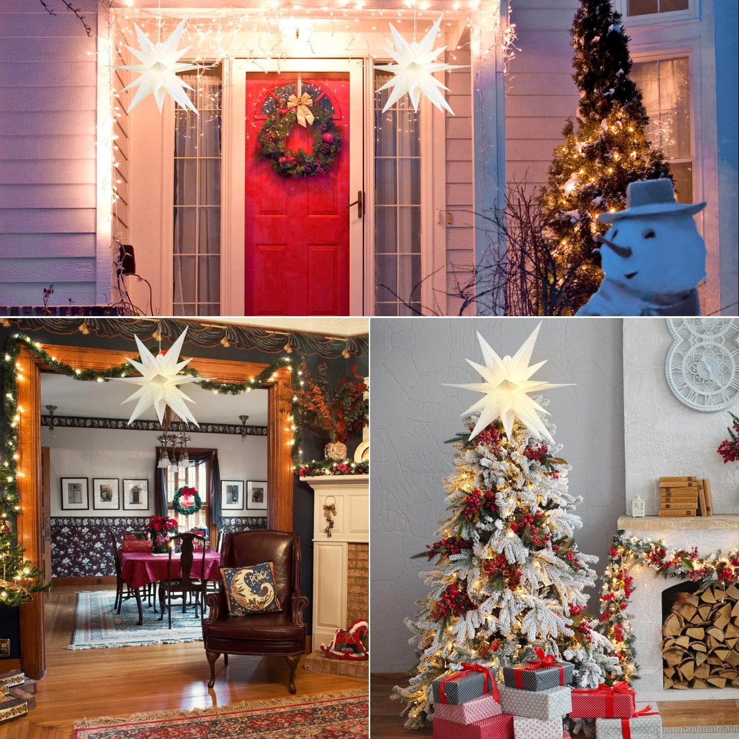 SUNBEAUTY 21 Inches White Large Moravian Stars Outdoor Light Warm White LED Hanging Star Lights 3D Christmas Tree Topper Star for Holiday Wedding Birthday Porch Party Decor