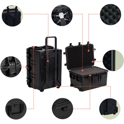 MEIJIA Portable All Weather Waterproof Camera Case,Customizable Fit Foam with Rolling Wheels and Retractable Pull Handle,33.25"X24.4"X19.3"