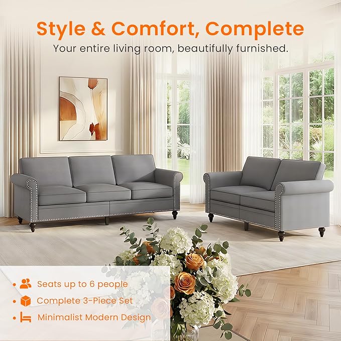 Living Room Sofa Sets 2 Piece, Modern 3 Seater Sofa and Loveseat Couch Sets