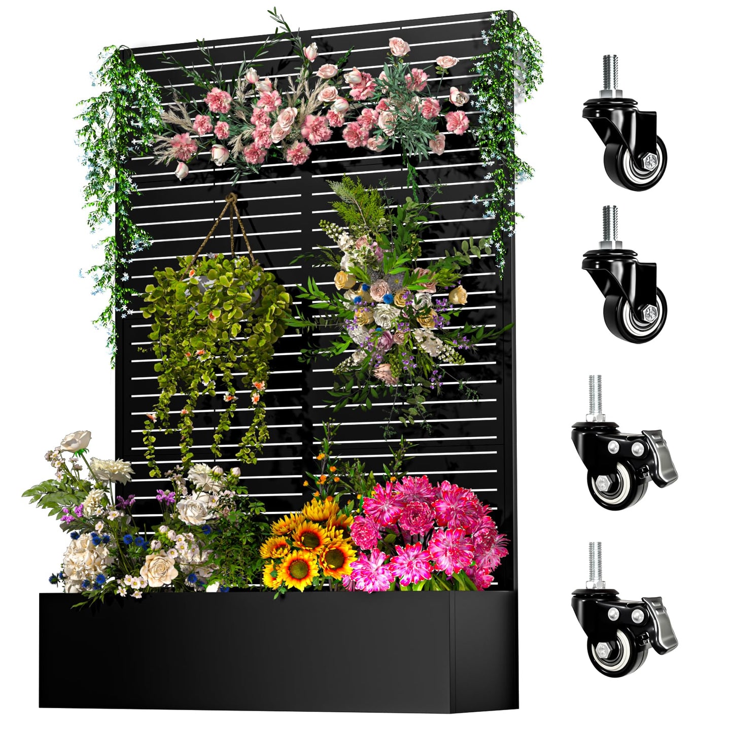 Metal Planter Box with Trellis,72"x47"x16"Galvanized Steel Outdoor Raised Garden Bed with Privacy Screen,with Drainage Holes & Lockable Casters for Climbing Plants,Vegetables,and Vines(Black-BYC)
