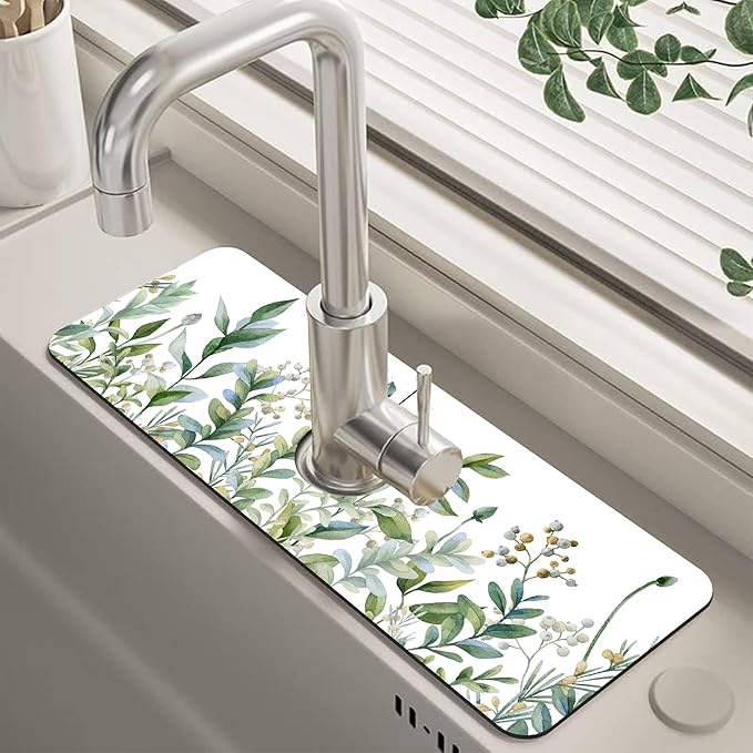 Watercolor Green Branch Leaves Dish Drying Mat