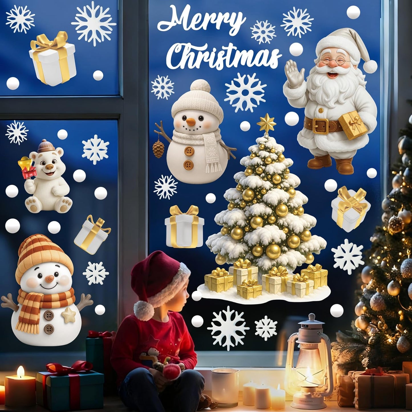 TOARTi White Christmas Window Clings Double-Side Christmas Tree Glass Decals 3D Xmas Tree Window Stickers White Snowman Snowflakes Decal Xmas Winter Wonderland Themed Party