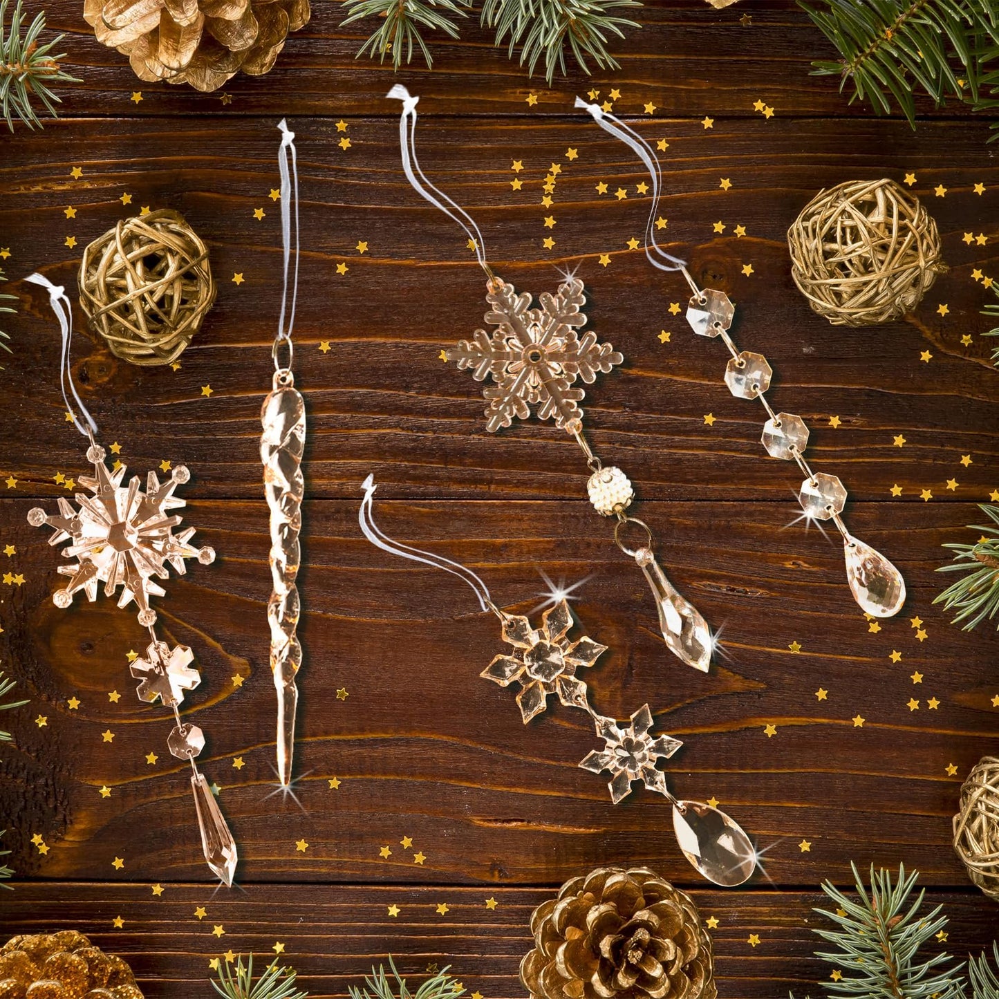 18pcs Crystal Christmas Ornaments for Christmas Tree Decorations-Champagne Hanging Acrylic Snowflake and Icicle Ornaments with Drop Pendants for New Year Party Decorations Supplies