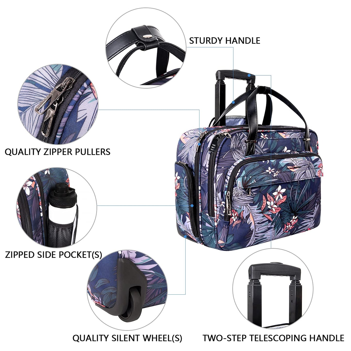 VANKEAN Rolling Laptop Case for Women, Premium Rolling Travel Luggage Bag Fits Up to 15.6 Inch Laptop Carry on Briefcase Water-Proof Overnight Rolling Computer Bags with RFID Pockets