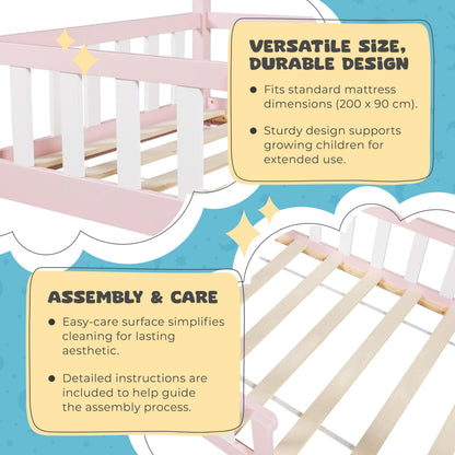 [en.casa] Children's bed Sisimiut House bed 90 x 200 cm with fall-out protection Slatted frame Pine Pink/White