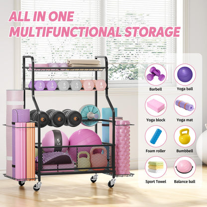 Dumbbell Rack with Wheels, Weight Rack for Dumbbells, Home Gym Storage Organizer for Kettlebells, Yoga Mats, Balls & Workout Equipment, Heavy Duty Steel Gym Storage Rack with Hooks, Black