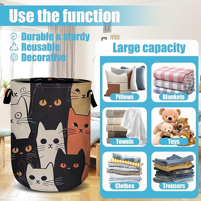 Watercolor Funny Cat Laundry Basket, Laundry Hamper Collapsible Oxford Cloth