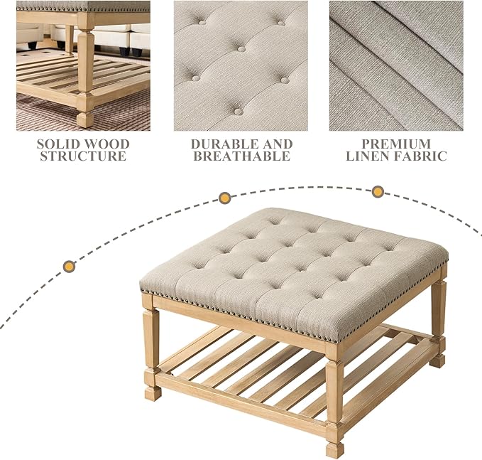 Befurtori Large Square Ottoman Coffee Table, Linen Solid Upholstered Footrest