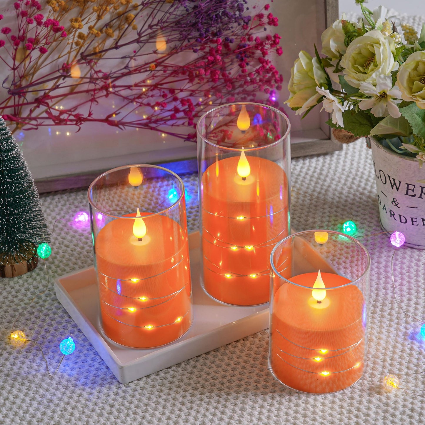 Da by Flickering Flameless Candles with Remote,Acrylic LED Candles with Embedded Star String,Battery Operated Candle, for Home and Holiday Decoration Set of 3（Orange） (Pack of 2)
