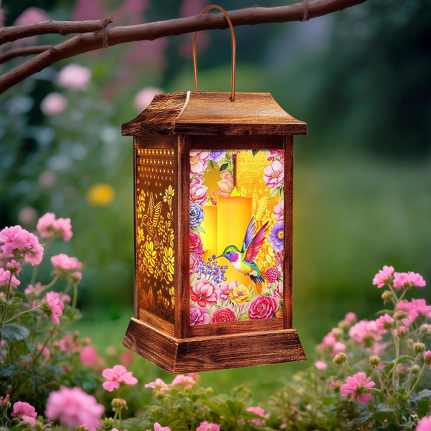 Hummingbird Solar Lanterns Outdoor Waterproof, Metal & Glass Hanging Lights Garden Decor, Birthday Gifts for Mothers Day Women Mom Christmas, Decorative Lights for Outside Yard Patio Backyard Porch