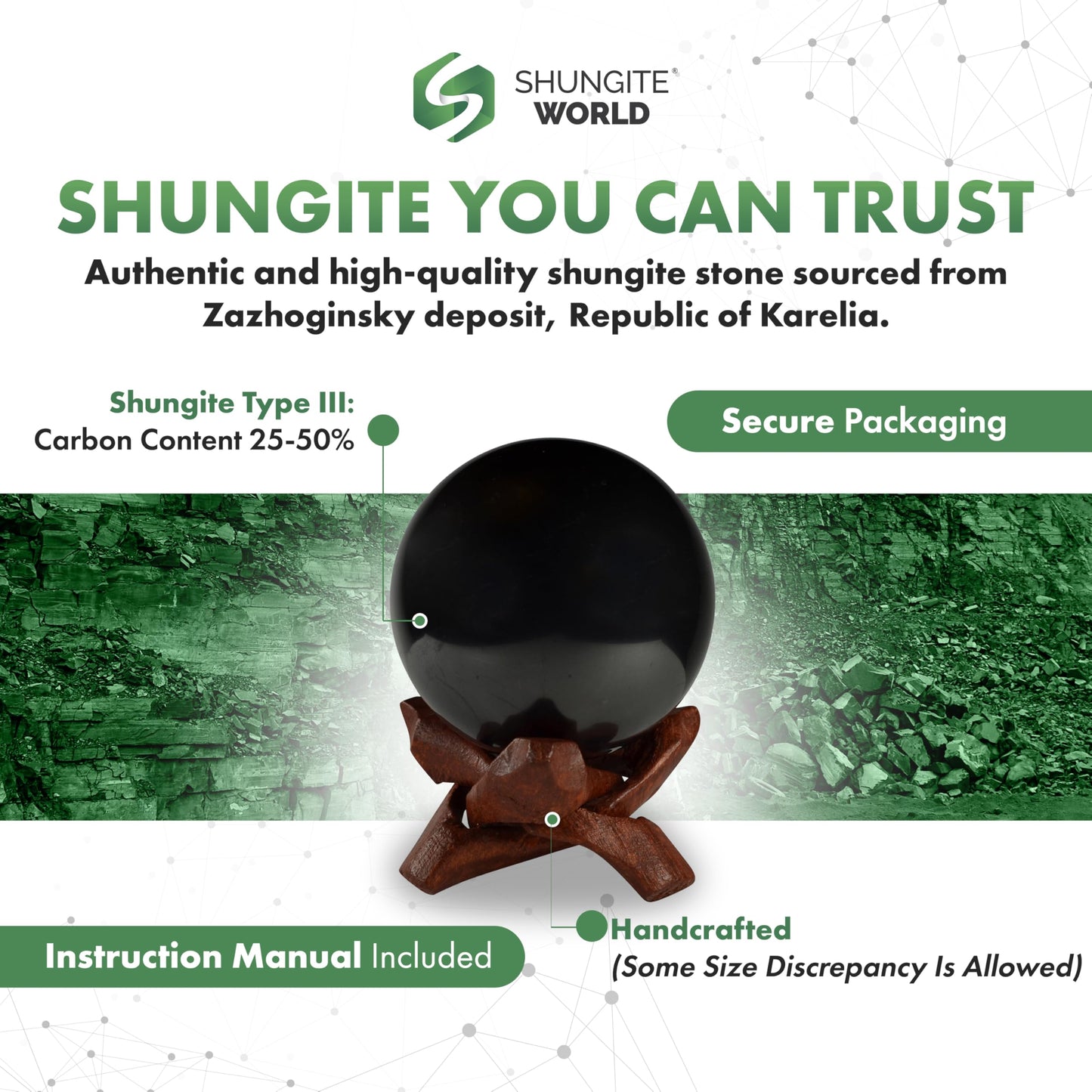 Shungite World Authentic Shungite Stone Sphere Polished 60 mm / 2.36 with Stand, Natural Real Feng Shui Meditation Healing Crystal Decorative Ball Home Protection Grounding Black Orb Décor