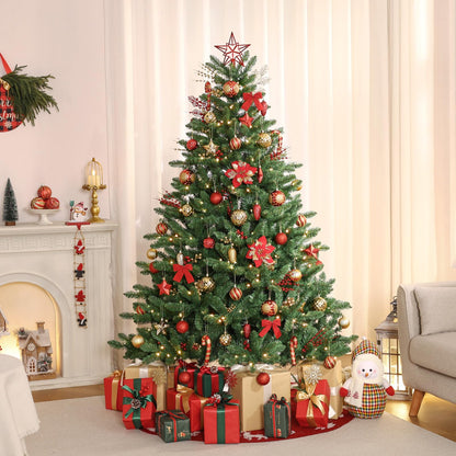 Alupssuc 128pcs Christmas Balls Ornaments Set, Shatterproof Plastic Baubles Christmas Flowers and Tree Topper for Xmas Tree Holiday Wedding Party Decorations with Hanging Strings, Red and Gold