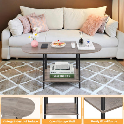 Shinoske Coffee Tables for Living Room,2-Tier Small Oval Center Table Industrial Modern Style Coffee Tables with Storage Shelf and Wood Tabletop for Small Space,Home Office,Rustic Grey