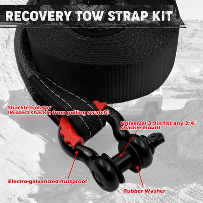 Handfly Offroad Recovery Kit, 3" x 30 ft Tow Recovery Strap, 1pcs Hitch Receiver, 2pcs 3/4" D-Ring Shackles with Storage Bag for Truck Jeep SUV ATV