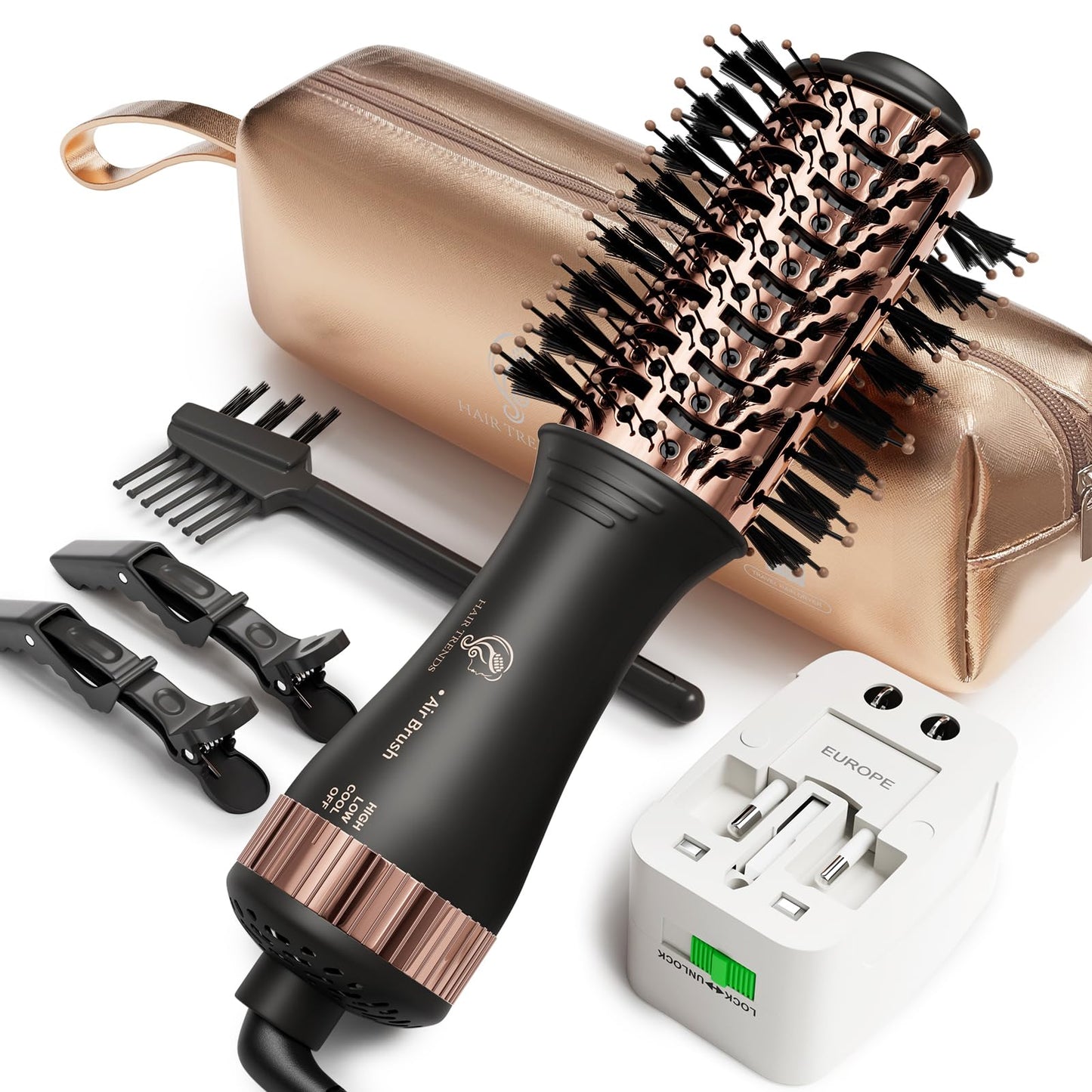 110-240V Travel Brush Hair Dryer, Small Hair Straightener Brush with European Plug Adapter for International Travel, 4 in 1 Hot Air Styler & Dryer for Drying Straightening Curling Volumizing
