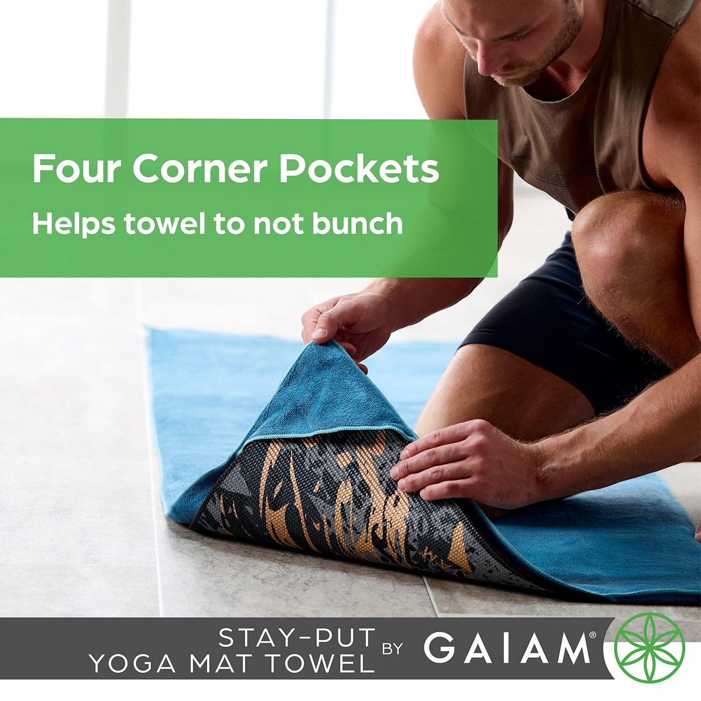 Gaiam Yoga Towel - Mat Sized Active Dry Non Slip Moisture Wicking Sweat Absorbent Microfiber Hot Yoga Towel for Women & Men | Stay-Put Corner Pockets (70" Long x 26" Wide)