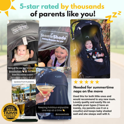 SnoozeShade Plus Extra Pram and Stroller Sun Shade Cover Blocks 99% UV UPF50+ Baby Sleep Aid and Breathable Blackout Canopy for Pushchairs Buggies and Travel Strollers