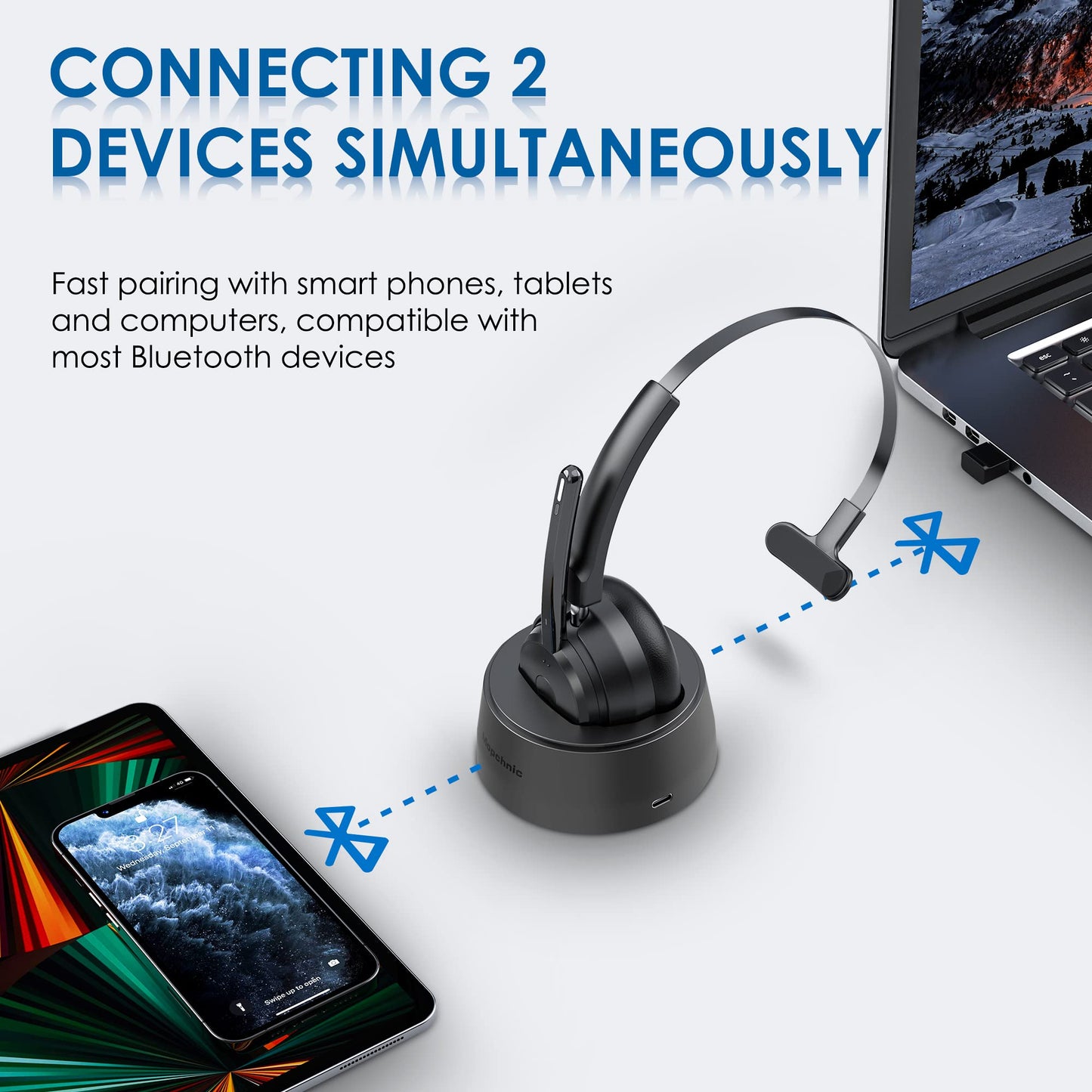 Mopchnic Bluetooth Headset, Wireless Headphone with AI Noise-Canceling Microphone for Computer, On Ear Bluetooth Headset with USB Dongle for Office Call Center Skype Zoom Meeting Online Class (Black)