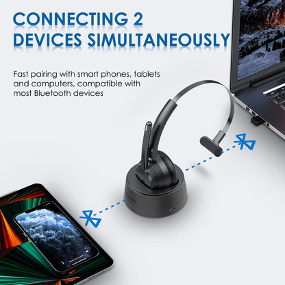 Mopchnic Bluetooth Headset, Wireless Headphone with AI Noise-Canceling Microphone for Computer, On Ear Bluetooth Headset with USB Dongle for Office Call Center Skype Zoom Meeting Online Class (Black)