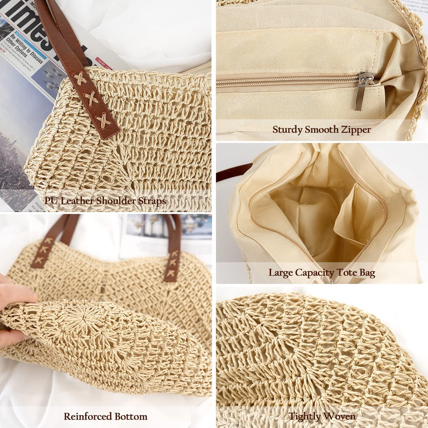 Straw Beach Bag for Women Large Straw Tote Bag with Zipper Summer Woven Bag Travel Straw Shoulder Bags for Vocation