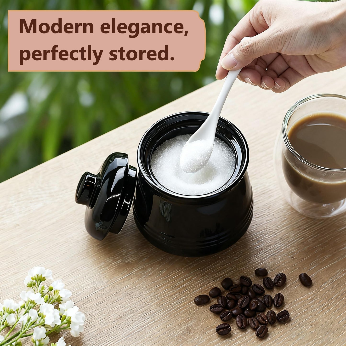Fcreimd Sugar Bowl Ceramic Sugar Jar, Sucrier 12 oz Sugar Container with Lid and Spoon (Black)