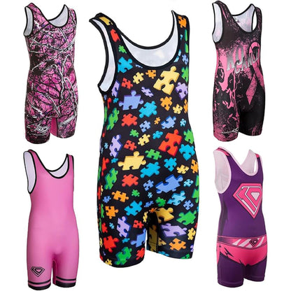 KO Sports Gear Unisex Wrestling Singlet for Adult Wrestlers - Wrestling Singlet for Men & Women - Bold Durable Uniform, Stretchy Breathable Material - Autism Awareness, Adult X-Small