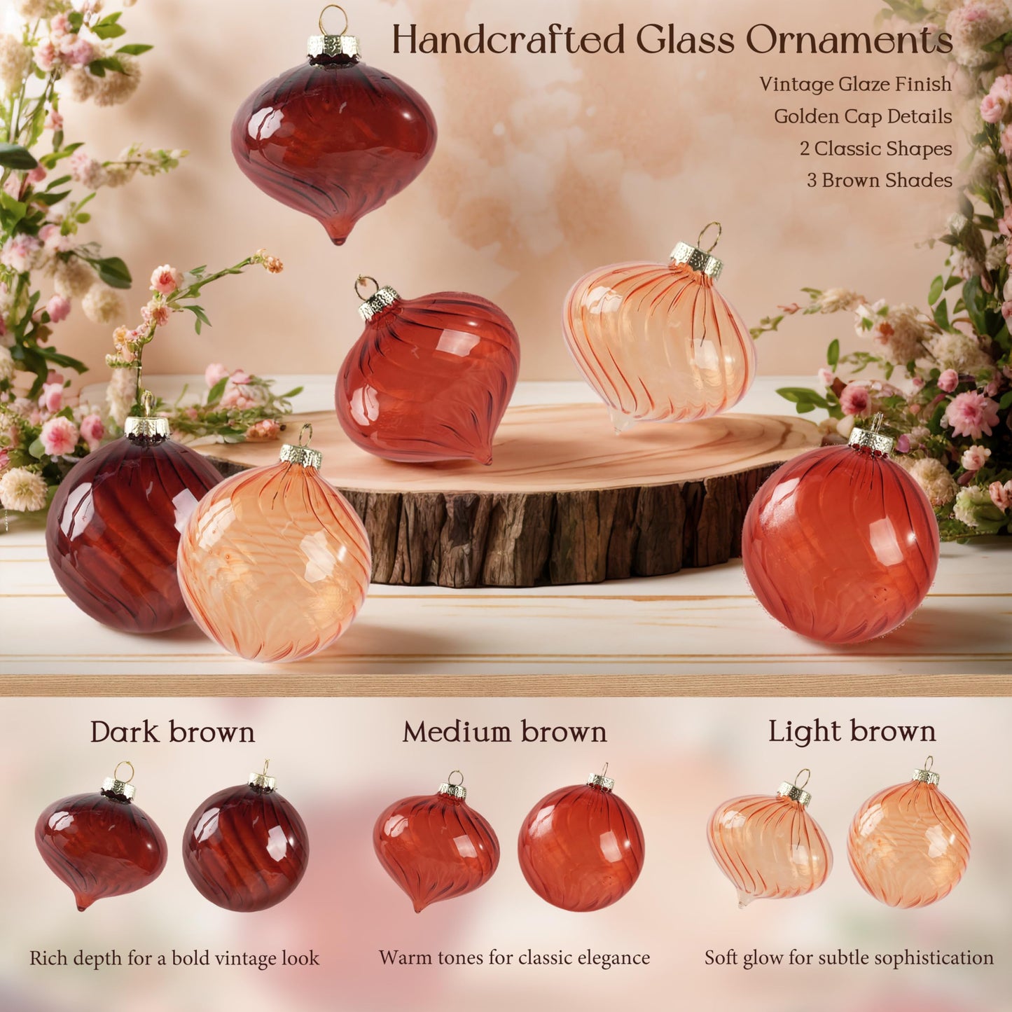 OuMuaMua Brown Christmas Ornaments for Tree, 12 Pcs Christmas Hanging Decorations Neutral Glass Ball Ornaments for Xmas Tree Home Winter Holiday Party Decorations