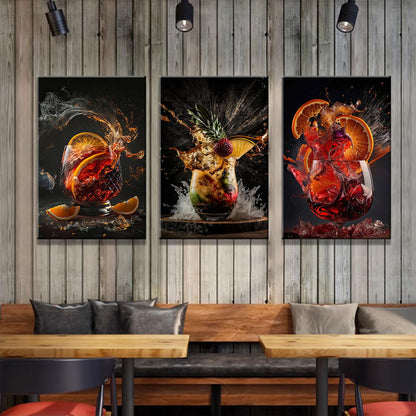 3-Piece Framed Canvas Wall Art Wrapped Canvas Cocktail Drink Posters High-Definition Bar Art Prints, Modern Alcohol Beverage Artwork Liquor Splash Photography Pictures, Unique Bartender Decor for Home Kitchen, Lounge and Bar12X16inch
