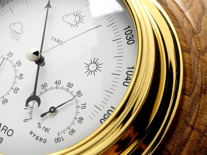 Tabic Brass Barometer with Built in Hygrometer and Thermometer Mounted on an English Oak Mount, Heavy Lacquered Brass (1/2kg), Sailing Ship Yacht Boating Clock, Handmade in England