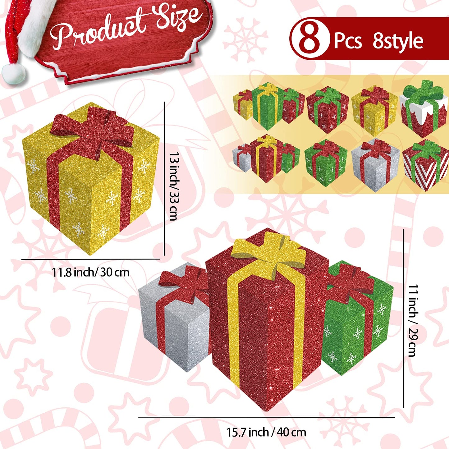8 Pieces Christmas Yard Signs Glitter Gift Box Outdoor Lawn Decorations with 16 Stakes Funny Holiday Present Box Yard Decorations for Christmas Home Lawn Party Supplies