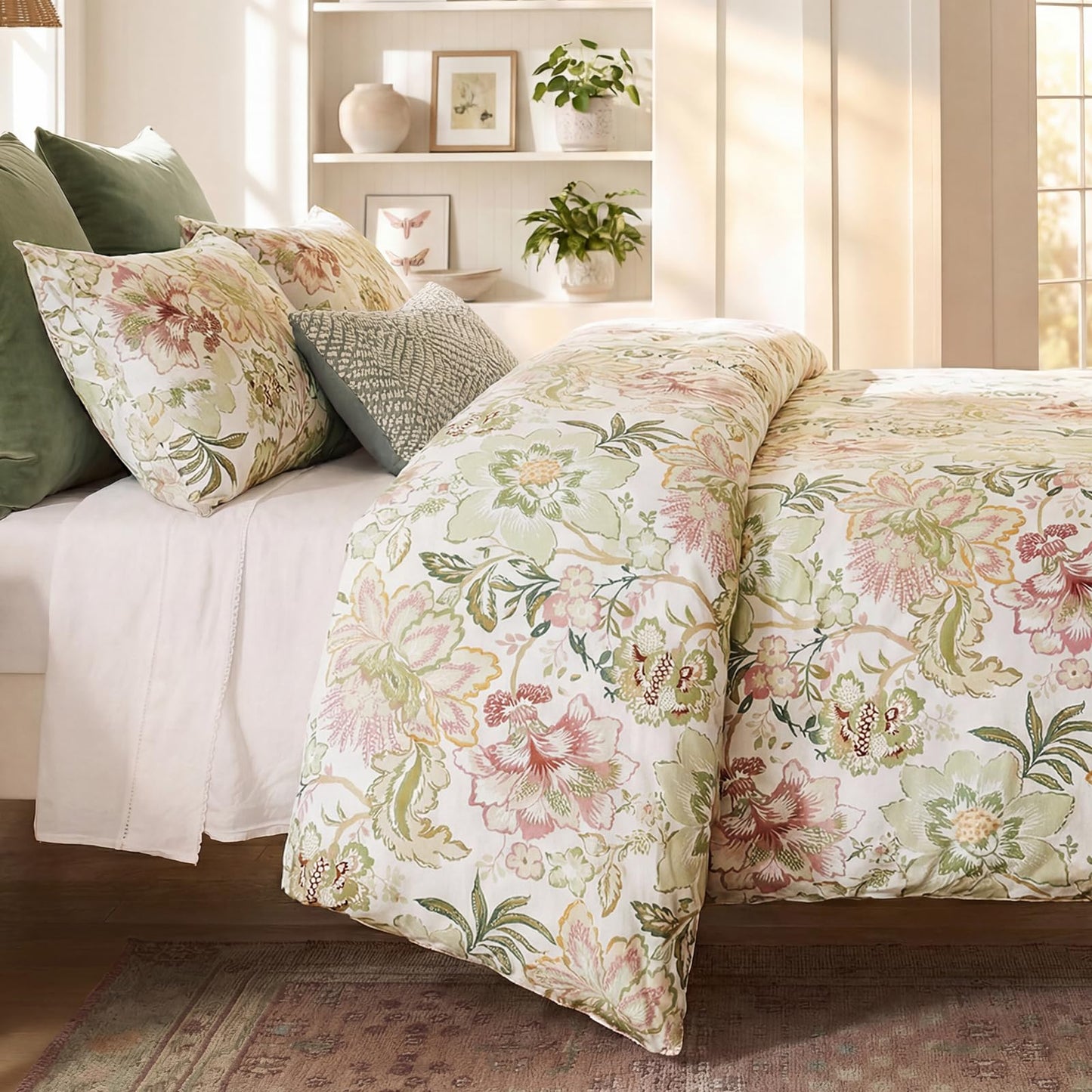 Bedorm 100% Cotton Duvet Cover Set Botanical Floral Bedding King Pink Flower Green Leaf French Country Bedroom Decor Soft & Durable Duvet Cover with Zipper Closure and Corner Ties