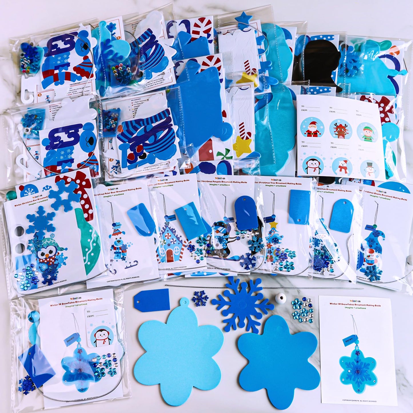 Winlyn 24 Sets Winter Decorations DIY Holiday Tree Ornaments Christmas Craft Kits Christmas Tree Snowflake Gingerbread House Snowman Penguin Polar Bear Gnome Owl Foam Stickers for Kids Party Favors