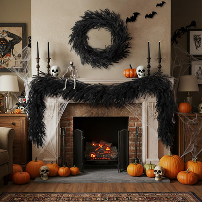 N&T NIETING 5.9FT Black Artificial Norfolk Pine Garland Real Touch Halloween Garlands Faux Garland for Table Mantle Holiday Fireplace Indoor Outdoor Halloween Christmas Decorations