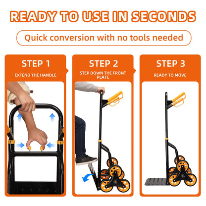 Heavy Duty Stair Climbing Dolly, 380lb Capacity Folding Hand Truck with 5.9” Tri-Wheel, Portable Stair Climber Cart for Moving Furniture Groceries Boxes Laundry, Back-Saving Tool for Apartment Home
