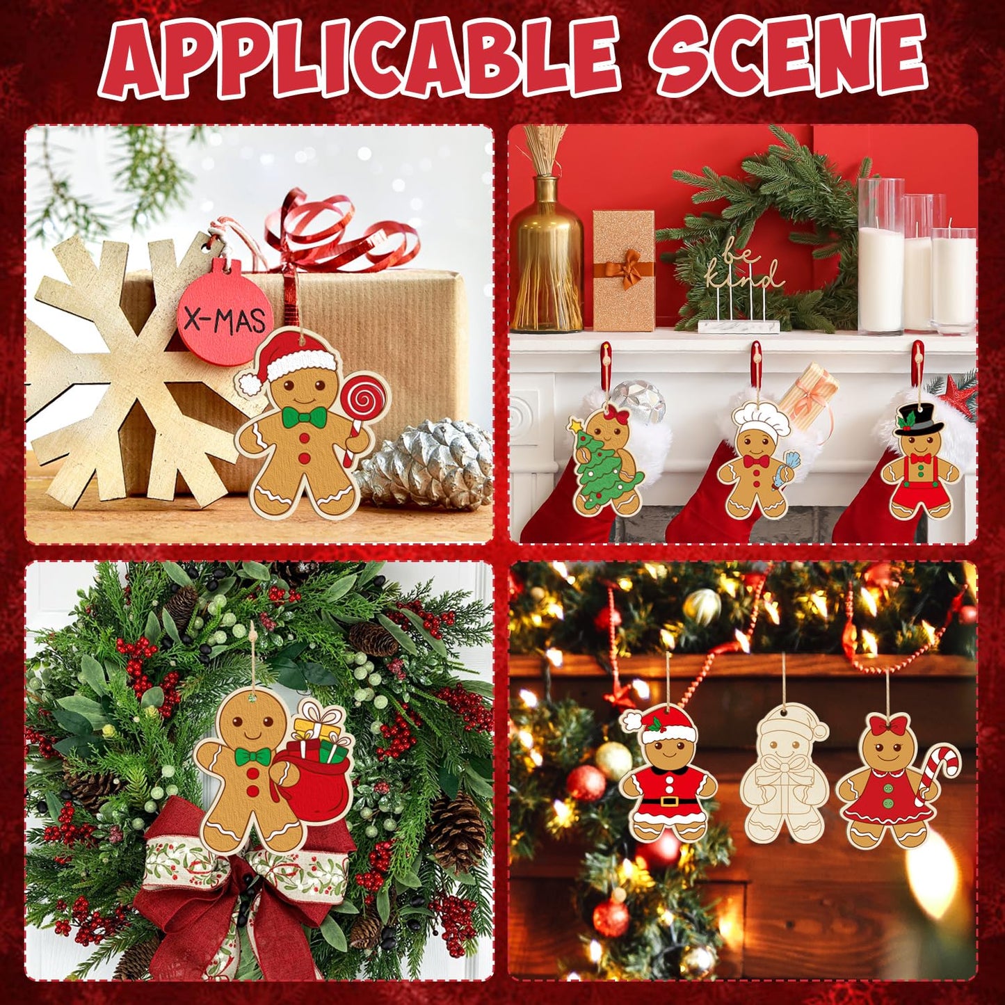 80PCS Wooden Christmas Ornaments to Paint, 8 Styles DIY Blank Unfinished Wood Gingerbread Man Cutouts Ornament for Crafts Winter Hanging Decorations