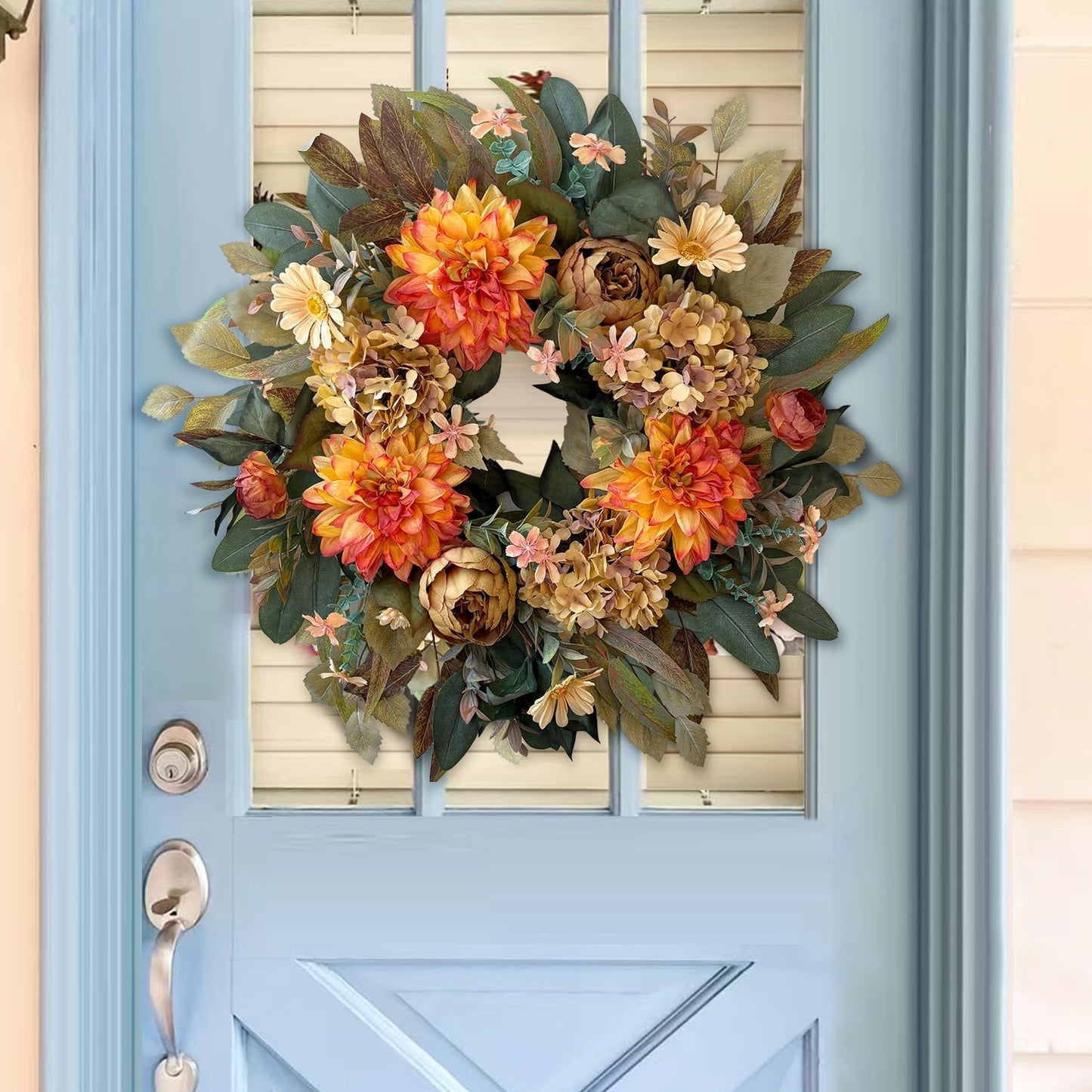 WANNA-CUL 24in Fall Front Door Wreath Dahlia Hydrangea Peony Table Decor