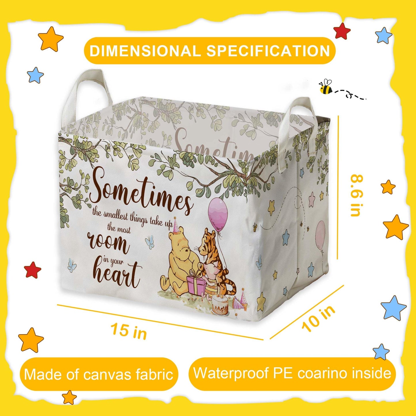 ZsaTuiy Winnie Nursery Decor, the Pooh Baby Stuff, Winnie Storage Nursery Basket, Large squarecanvas Laundry Hamper With A Waterproof PECoating, Foldable, Toys Bin, Baby Nursery HamperDecor, Star