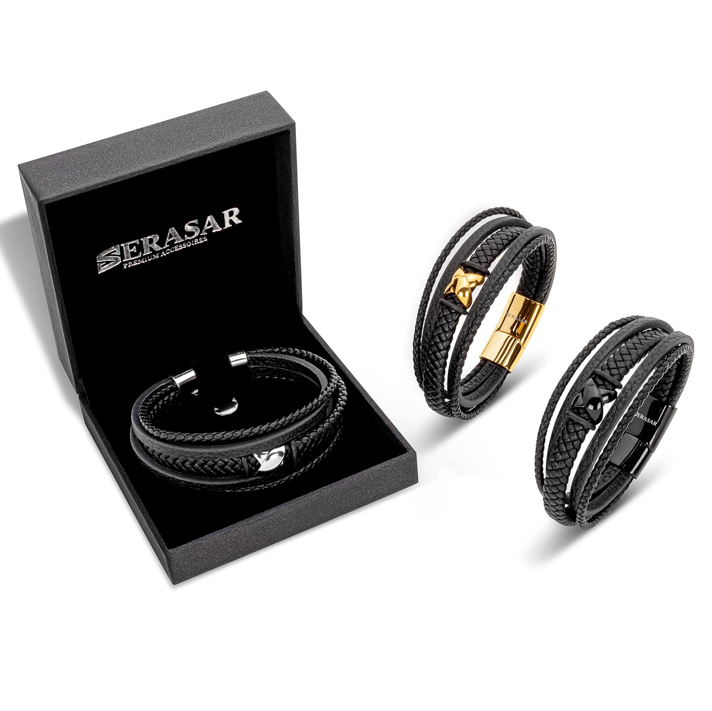 SERASAR Black Bracelet Leather Men 17cm Gift Box Genuine Cowhide Braided Adjust Able Magnetic Clasp Multi Layer Wrap Rope Man Mans Male Mens Bracelets Band Jewelry Magnet Accessories
