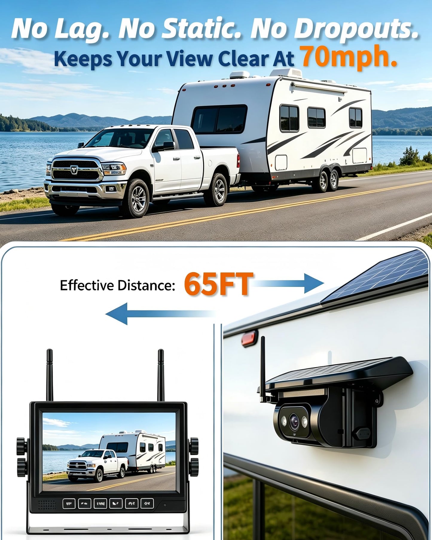 HD 1080P Dual Wireless Backup Camera: 1-Second Magnetic Easy Install RV Backup Camera with 7-inch Split-Screen DVR Monitor - 15200mAh Solar Battery, Up to 3-Day Trip for RV Camping & Travel Trailers