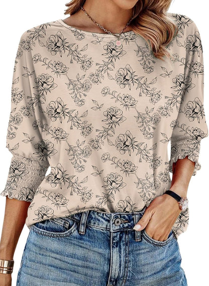 Dokotoo Women's 2025 Fashion Tops 3/4 Sleeve T-Shirts Cute Crewneck Basic Business Tees Blouses