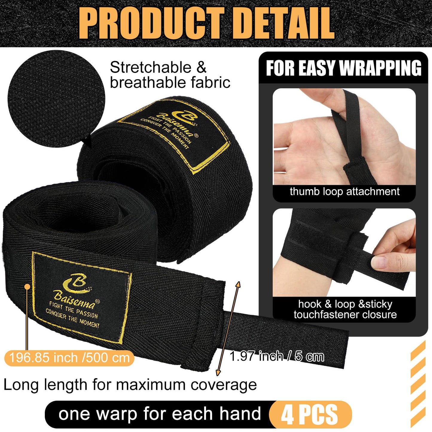 Gemscream 4 Pcs Boxing Hand Wraps 196 Inches/ 5 M Wrist Wrap Protection for Men Women Boxing Muay Thai MMA Kickboxing