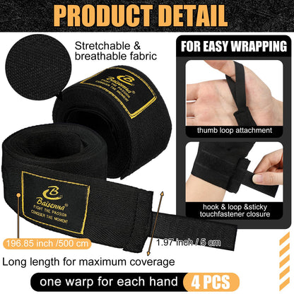 Gemscream 4 Pcs Boxing Hand Wraps 196 Inches/ 5 M Wrist Wrap Protection for Men Women Boxing Muay Thai MMA Kickboxing