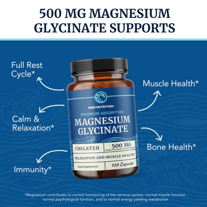 Magnesium Glycinate 500mg | Chelated for High Absorption | Muscle Relaxation, Bones, Heart, Nerve, Rest & Calm Support for Women & Men | Magnesium Chelate Supplement & Bisglycinate Complex | 120ct