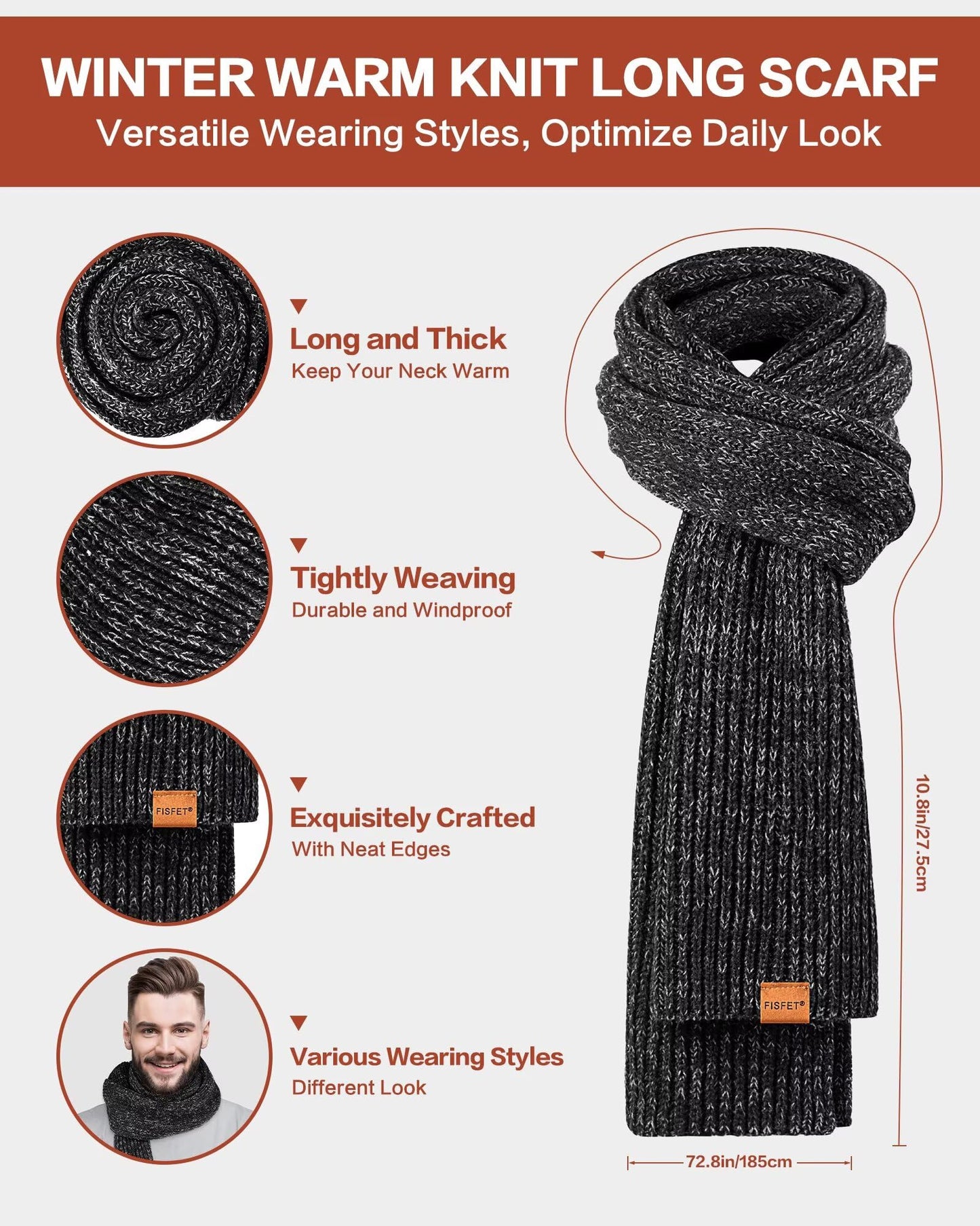 Winter Hat Gloves Scarf Set for Men Women, Mens Beanie with Fleece Lined Long Thick Scarf Touchscreen Gloves for Cold Weather, 3 in 1 Warm Gift Set(A-01)