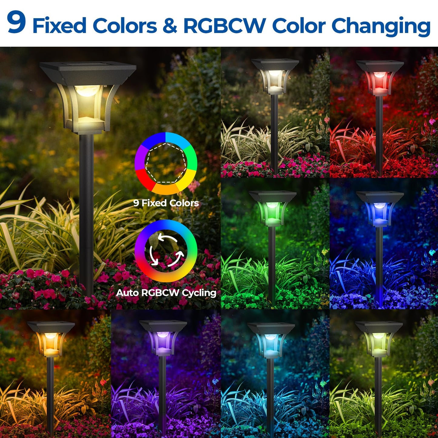 CINOTON 8 Pack RGBCW Solar Pathway Outdoor Lights, 3 Lighting Modes Solar LED Garden Lights, IP65 Waterproof Outside Solar Powered Landscape Lighting for Sidewalk Driveway Backyard RGB/Warm/Cold White