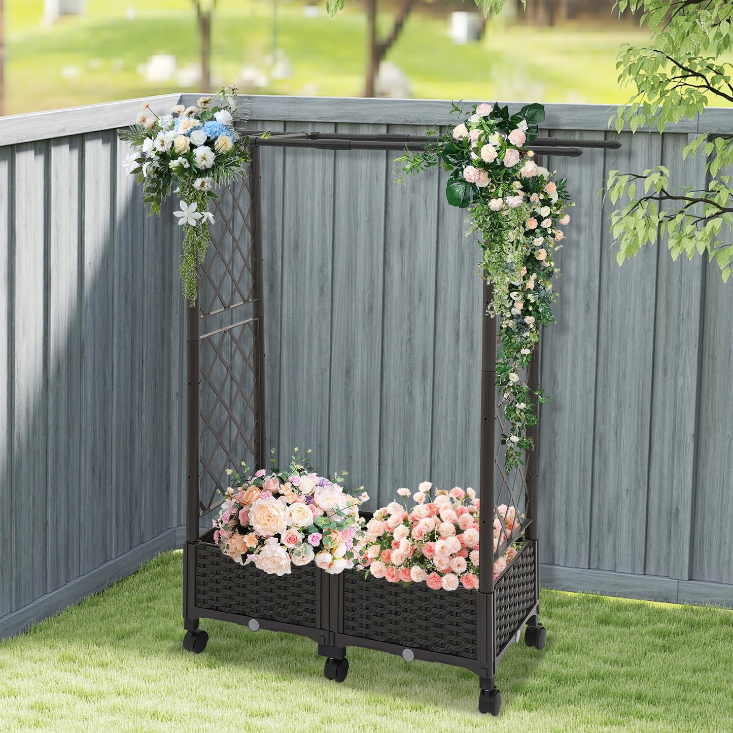 TFCFL Planter with Trellis Raised Garden Beds,Trellis Planter Self-Watering Box with Wheels,Outdoor Vegetable Flower Privacy Planter Box for Backyard Balcony Patio